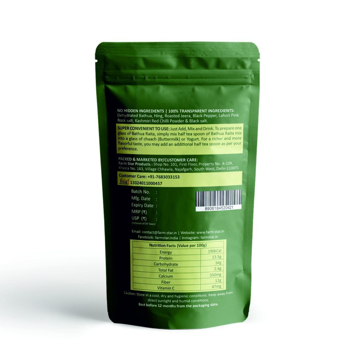 Dehydrated Bathua Raita Mix Nutritional