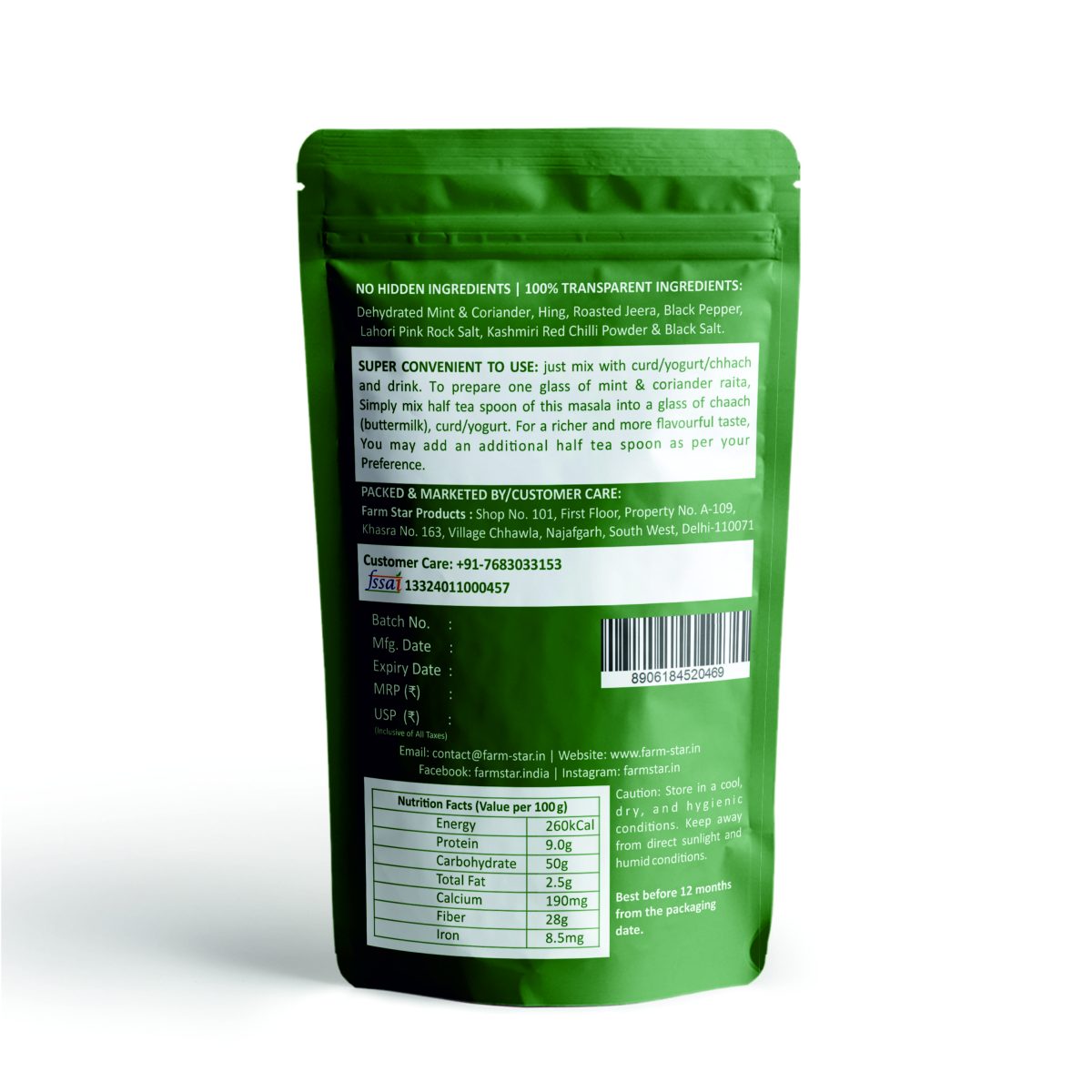 Dehydrated Mint Coriander Raita MIx Nutrition
